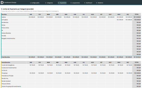 Planilha de Controle de Finanças Pessoais - Categoria e Orçamento