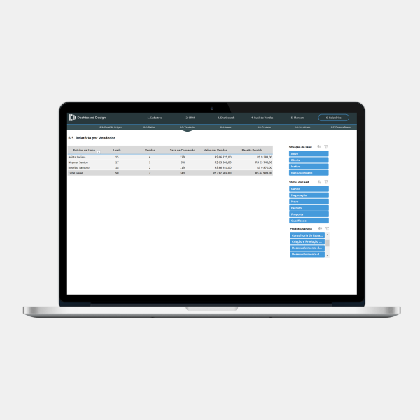 Planilha CRM Excel 2.0 - Relatório por Vendedor