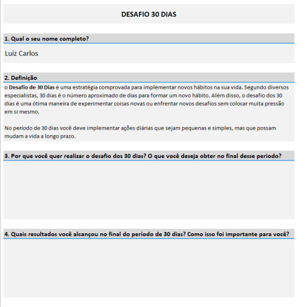 Planilha Desafio 30 Dias - Definição