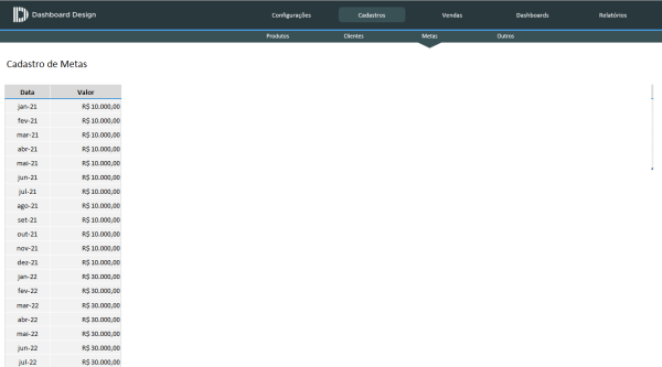 Planilha de Controle de Vendas Excel - Cadastro Metas