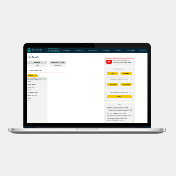 Planilha de Controle Financeiro Pessoal - Configuração