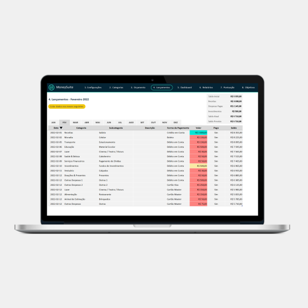 Planilha de Controle Financeiro Pessoal - Lançamentos