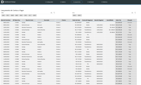 Planilha Excel de Contas a Receber - Lançamentos