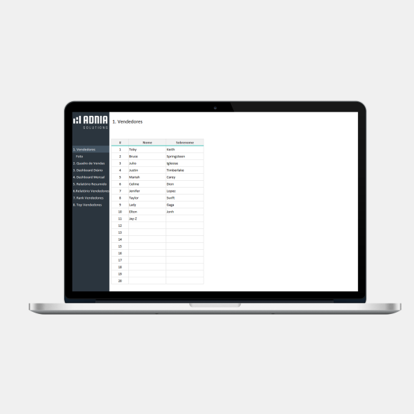 Planilha de Vendas Diárias - Cadastro Vendedores 2